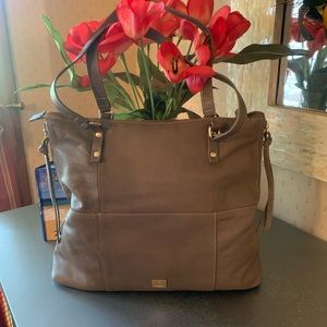 KOOBA Leather shoulder tote, Taupe color, zippered and footed. 3 pockets inside.